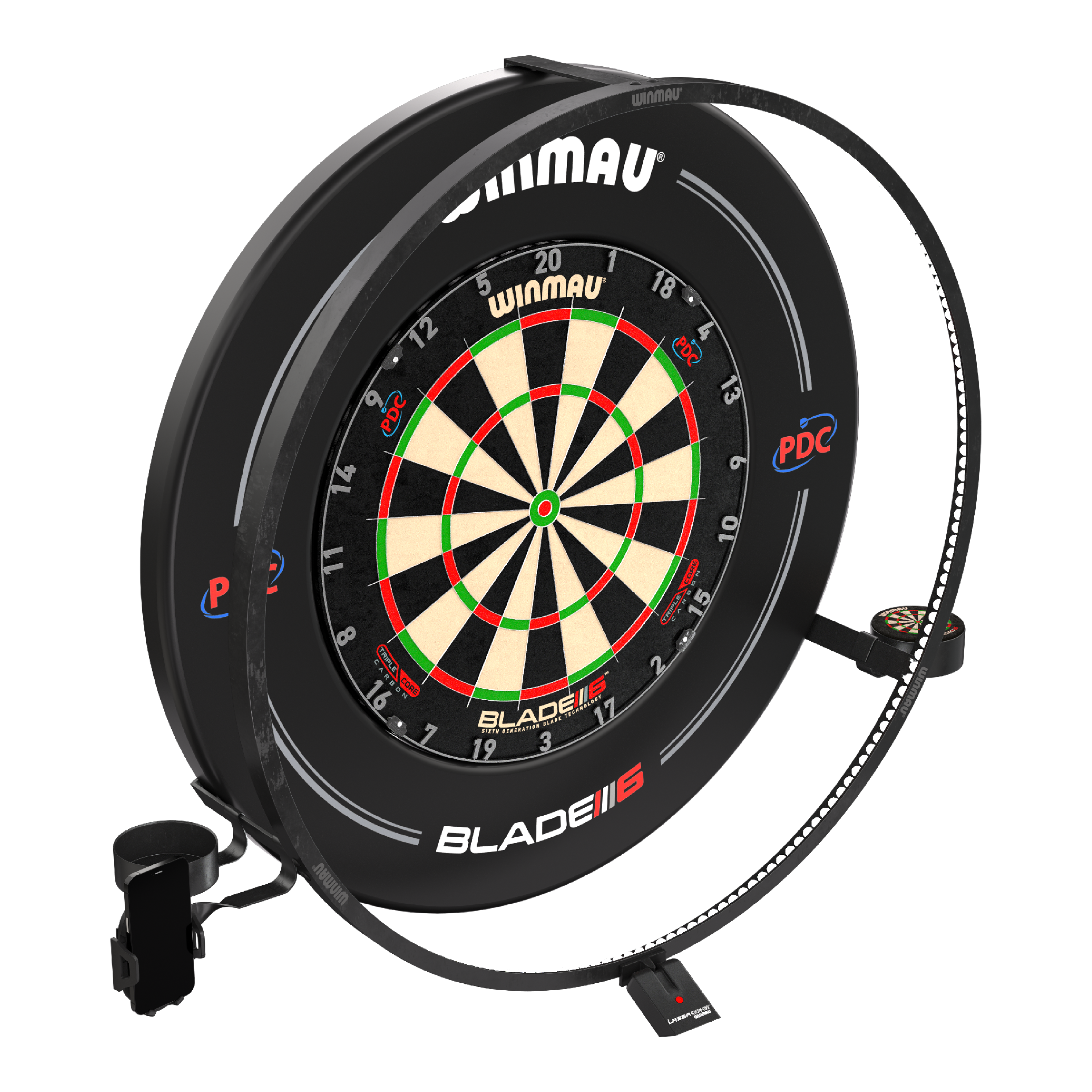 Das Bild zeigt das "Winmau Plasma Zubehör Set" für Dartscheiben. Es besteht aus einem beleuchteten LED-Ring und weiterem Zubehör rund um die Dartscheibe.